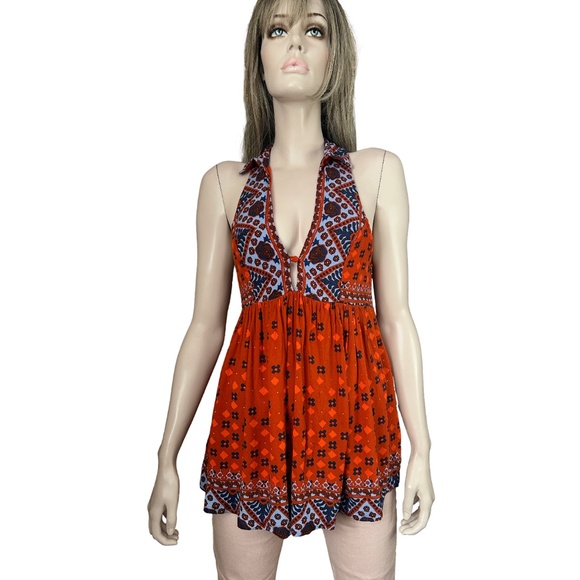 Free People Charlotte Boho Racer Back Long Top Tunic 100% Rayon Pockets - Picture 3 of 16